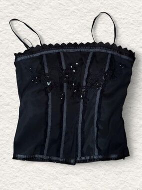 Euro Black Embroidered Spaghetti Strap Bustier Top